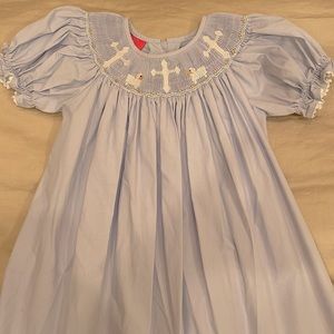 Periwinkle cross and lamb smocked dress